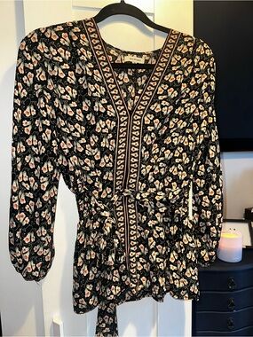 Max Studio Floral Front Tie V Neck Long Sleeve Large Blouse Peasant MSRP $88